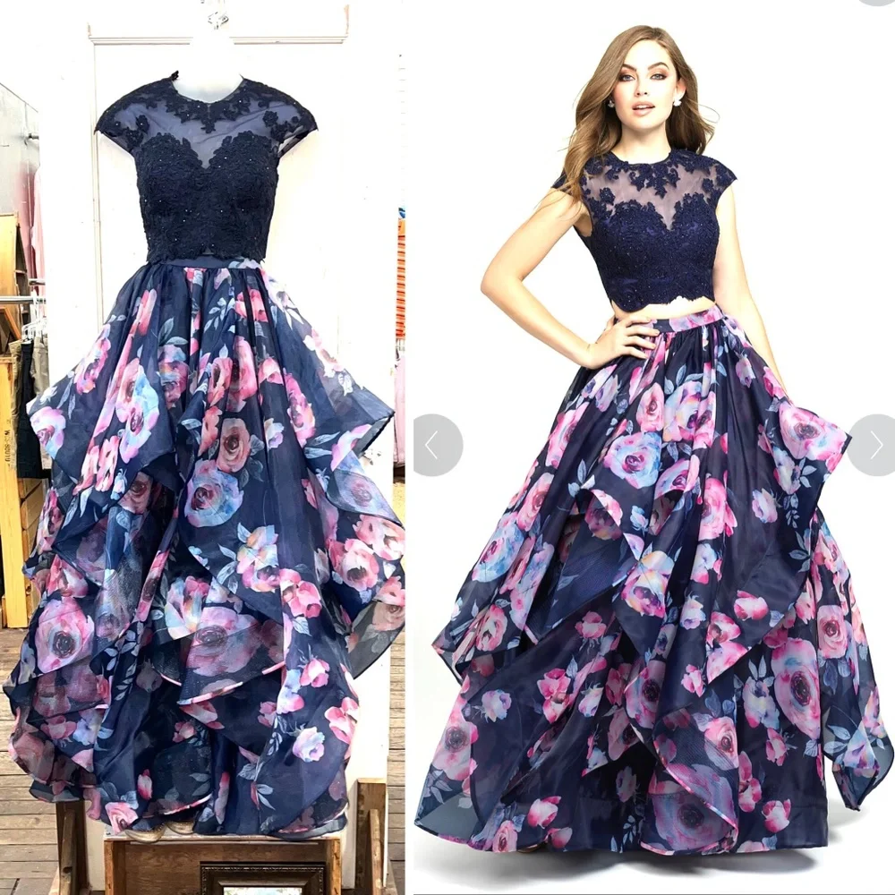 🚫SOLD! NEW! |•MADISON JAMES•| Navy Floral Print Two Piece Formal Prom Dress - Picture 1 of 12